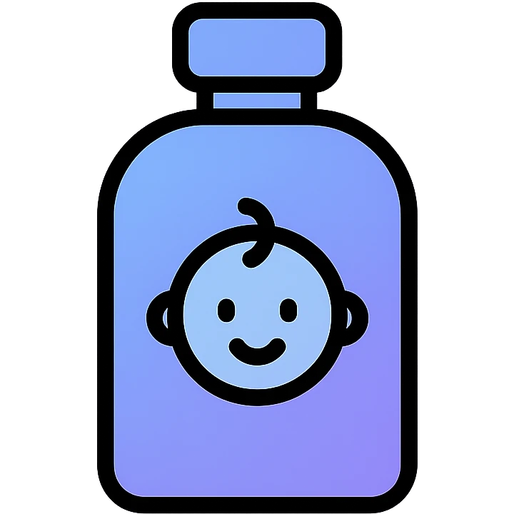 minimalist baby oil bottle, Discord icon style, soft blue and purple gradient, simple and friendly emoji