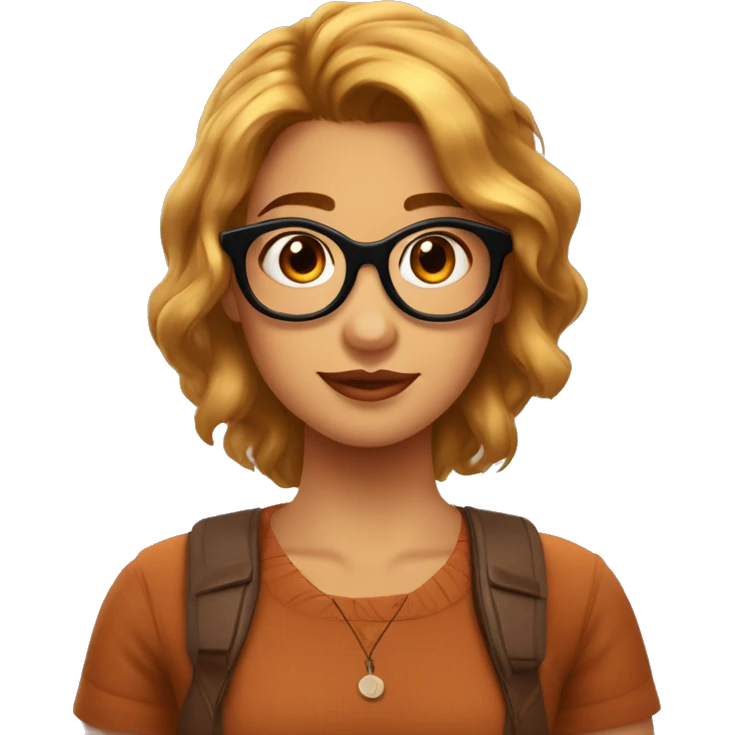 imagen de chica de 19 años estilo pixar: pelo ondulado marron y largo, ojos grandes color marron miel con gafas, aros pequeños plateados emoji