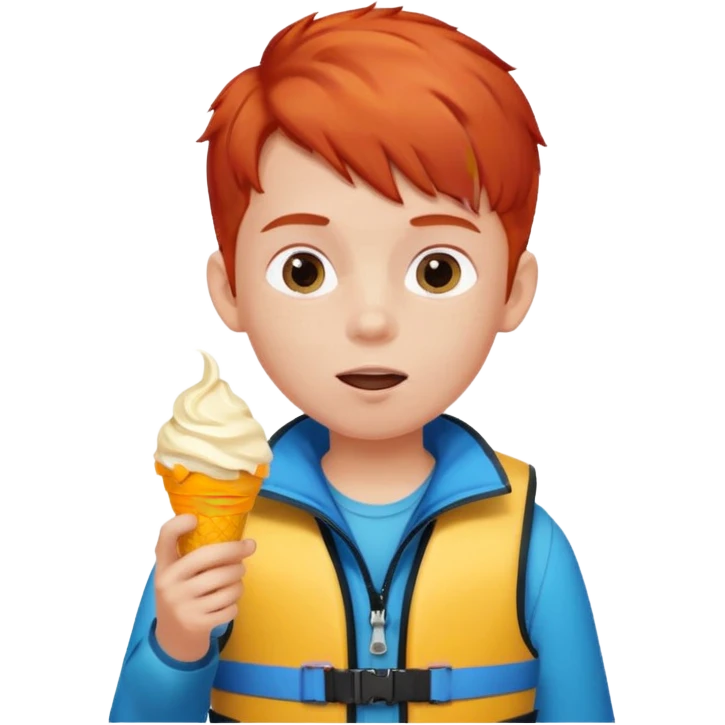 boy kid red haired wearing life jacket, eating ice cream emoji