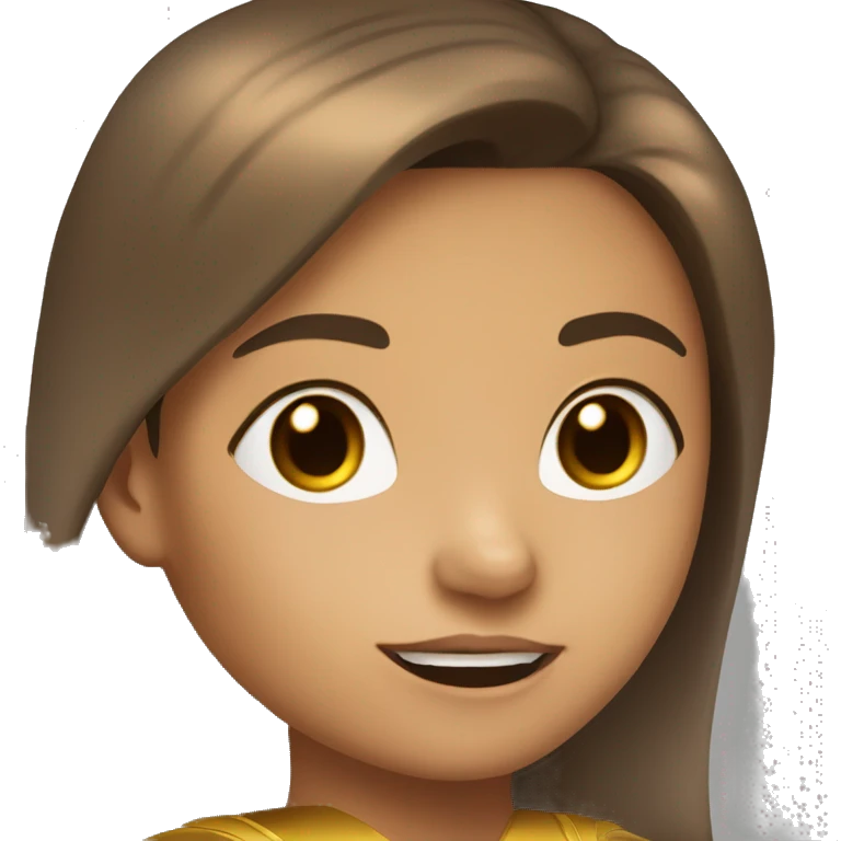 superhero, child, girl, long brown hair, brown eyes, hispanic, straight hair, earrings, gold clothes, close up emoji