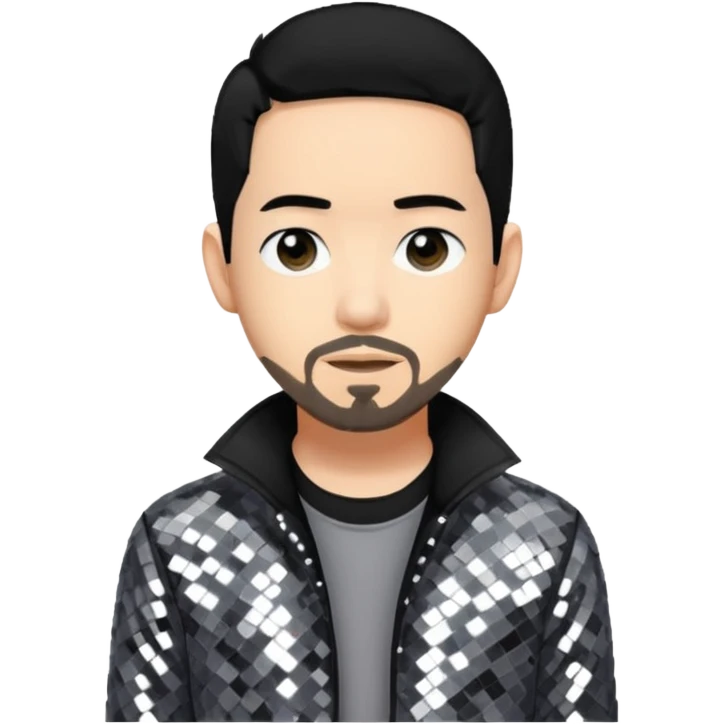 Mike Shinoda with jet black hair, gray sequin outfit emoji