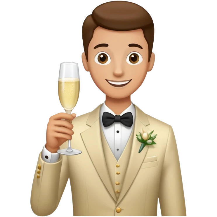 Wedding crasher character in fancy clothes trying to blend in at a wedding reception, holding champagne glass, goofy smile emoji