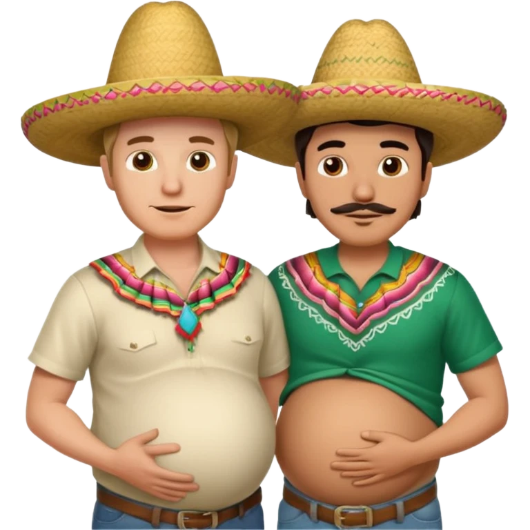 two men standing besides each other. 1 man is white, and the other man is mexican wearing a sombrero and pregnant, holding his belly.  emoji