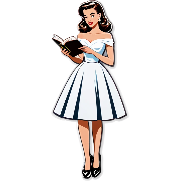 Beautiful woman in 1950’s woman fashion look, off-shoulder white dress, long dark brown hair, reading  emoji