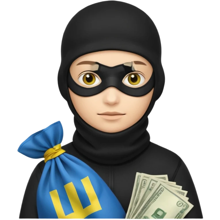 создай украинца в черное одежде и черной балаклаве с большим мешком денег на котором есть флаг страны в руках emoji