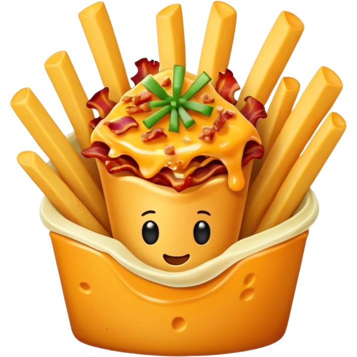 fries with melted cheese, bacon, and green onion emoji