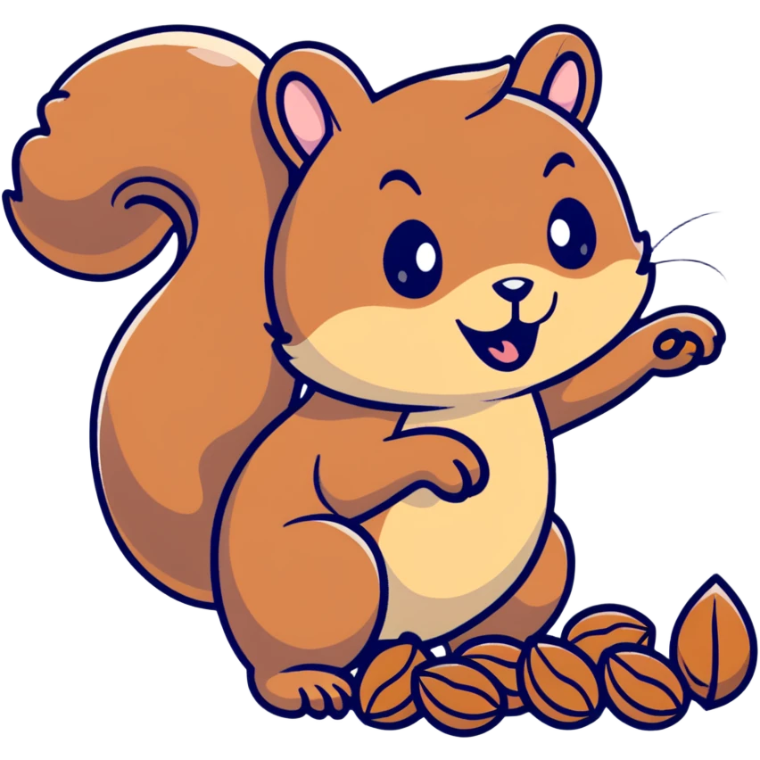 Cute hungry squirrel drooling, looking at nuts, with hungry expression emoji