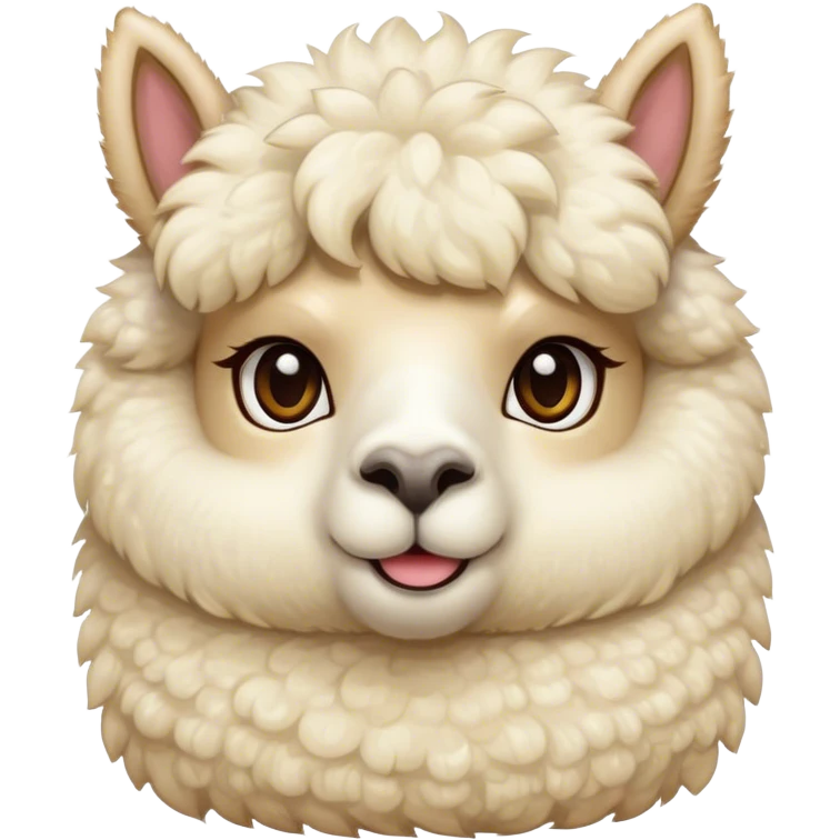 Cinematic Cute Cream Alpaca Portrait Emoji, Head tilted playfully and inquisitively, featuring a fluffy, cream fleece with a natural sheen, round, sparkling gentle eyes filled with curiosity, Simplified yet irresistibly adorable features, highly detailed, glowing with a warm, friendly glow, high shine, affectionate and gentle, stylized with a touch of whimsy, bright and endearing, soft glowing outline, capturing the essence of a mischievous yet loving alpaca, so playful it feels like it could prance out of the screen and into your arms! emoji