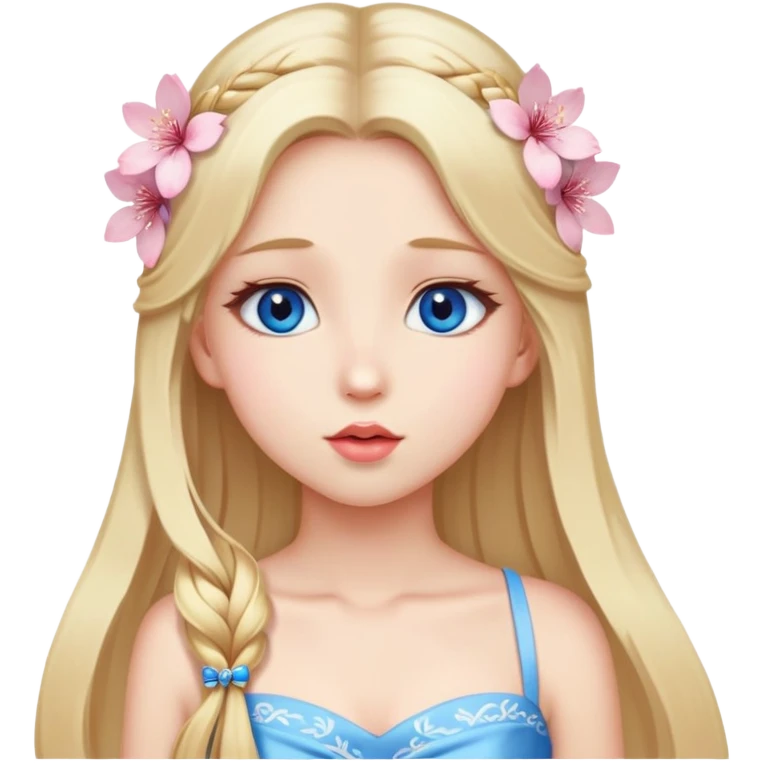 Girl with long blond hair and sakura accessories on her hair with a long tailed dress on the floor and have blue eyes beautiful finish and she sending lovely kisses  emoji