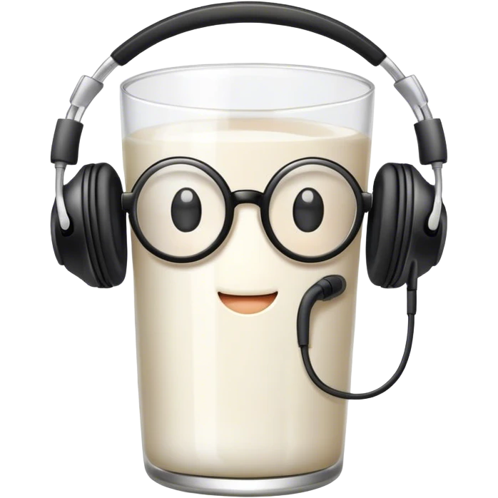 A glass of milk with headphones and round glasses emoji