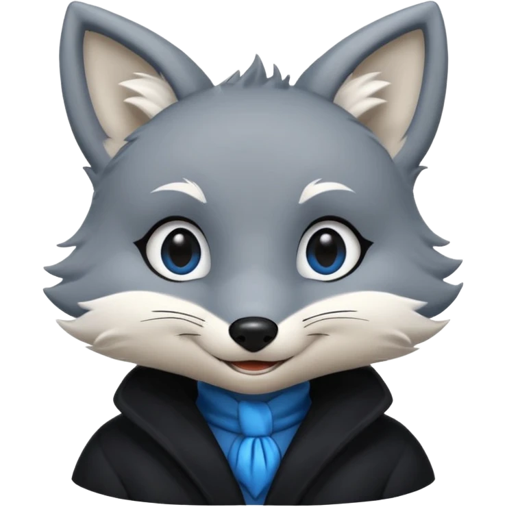 Grey anthropomorphic furry fox with a black coat, blue eyes, and a small fringe of black hair, smiling emoji