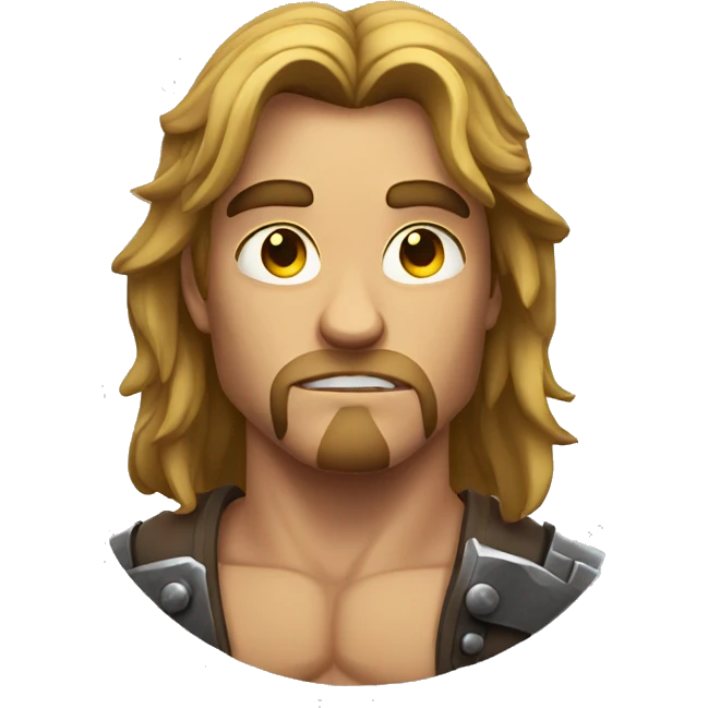 Muscular man with axe, looking off into the distance, long hair and eyes are small  emoji