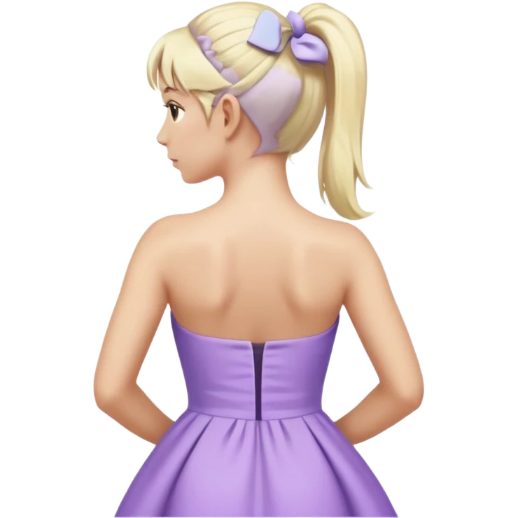 back view of a person with a high light blonde ponytail, wearing a pastel purple dress, iOS Apple emoji style emoji