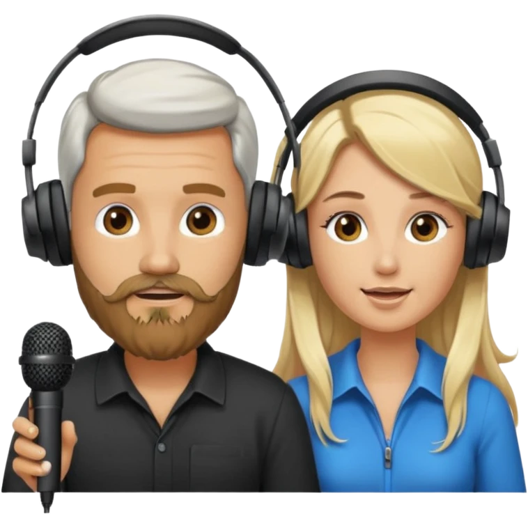 pareja hombre con barba y mujer rubia  pelo largo  charlando en streaming con auriculares emoji