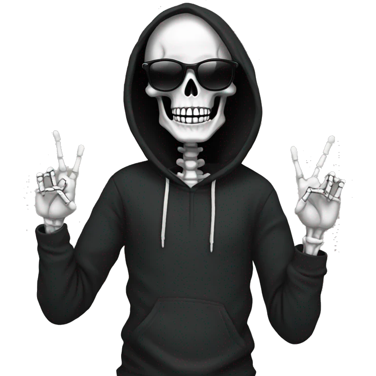 skeleton with sunglasses in black hoodie holding up the peace sign emoji