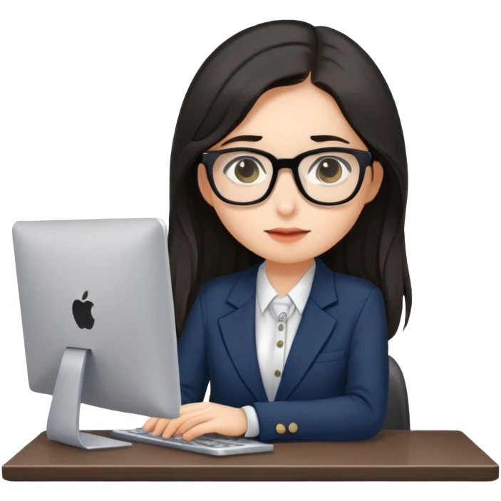 shy long dark hair girl with glasses on computer in a blazer and skirt emoji