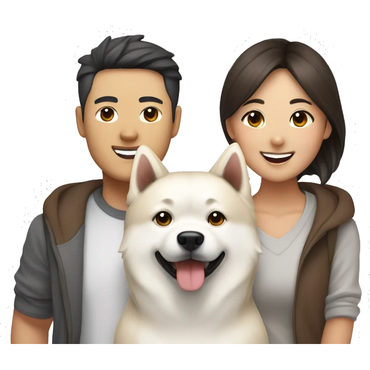 Happy Asian couple with White Japanese Akita and brown Multipoo emoji