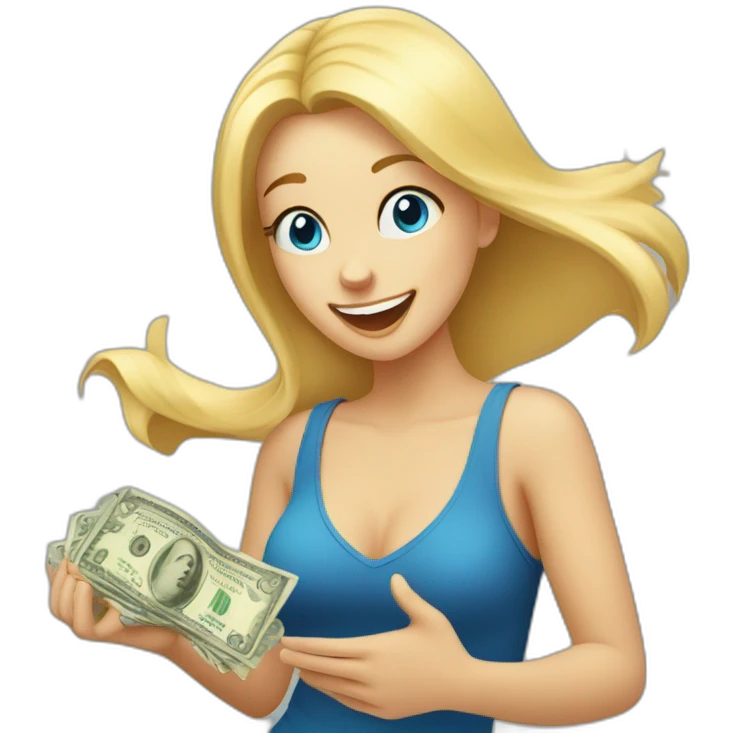 blonde girl with blue eyes rejoices and dances while holding money in her hands emoji
