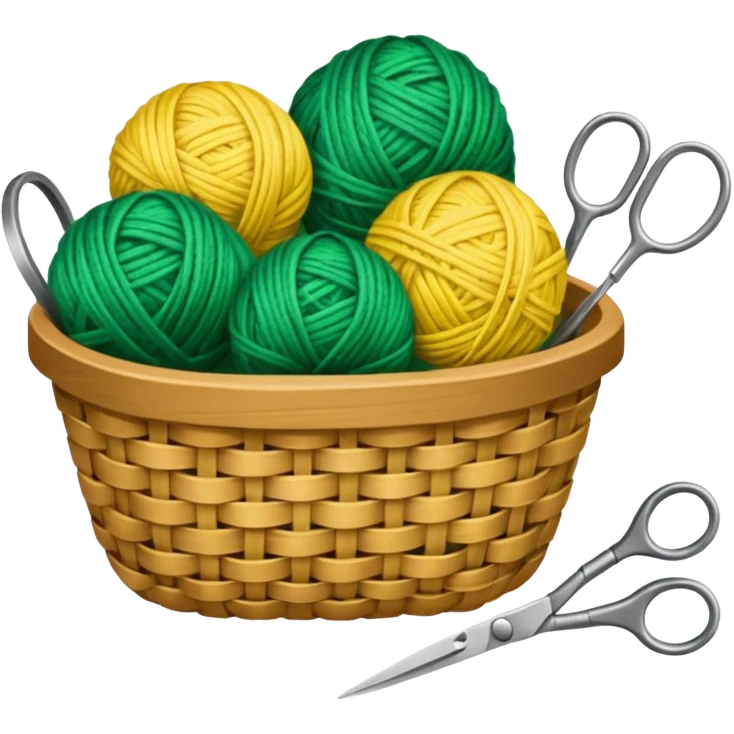 A tidy basket with neatly arranged green and yellow skeins and scissors. emoji