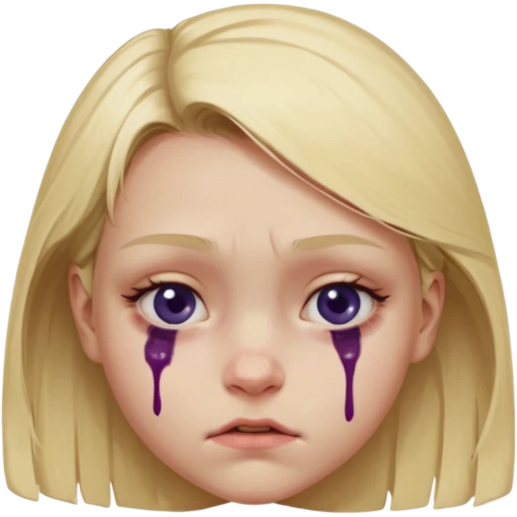 Blonde girl emoji, head and slight shoulders visible, one eye clearly bruised and swollen, dark purple-blue bruise around the entire eye socket, visible puffiness under eyelid, slightly uneven eyelids due to swelling, subtle red irritation around the eye, small wince expression like she’s in pain  emoji