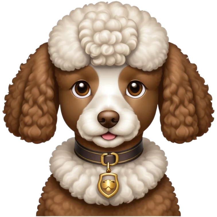 Brown and white poodle with gunner collar emoji