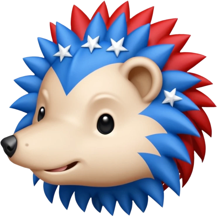 Red and blue Porcupine facing right. Bottom layer red: covers feet, round face, 2 spikes. blue upper layer 6 spikes, 3 white 5 pointed stars in the middle of the blue. emoji