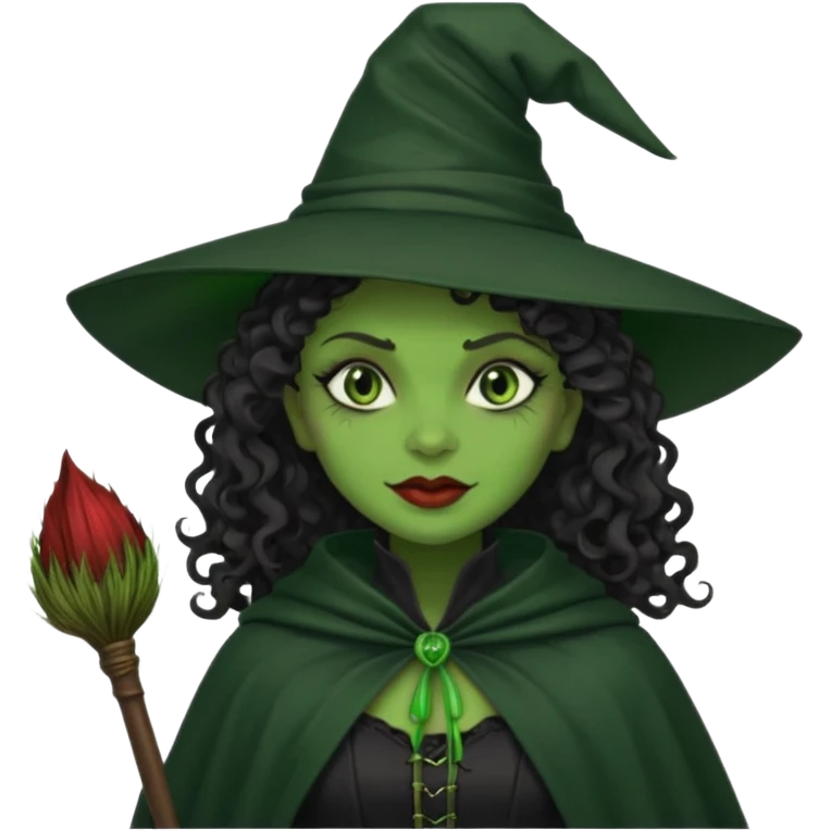 elphaba wicked witch with broom close up, evil dark curly hair, green skin, thick lips, cheekbones, smirk evil menacing cythia erivo dark aesthetic black hat cloak  emoji
