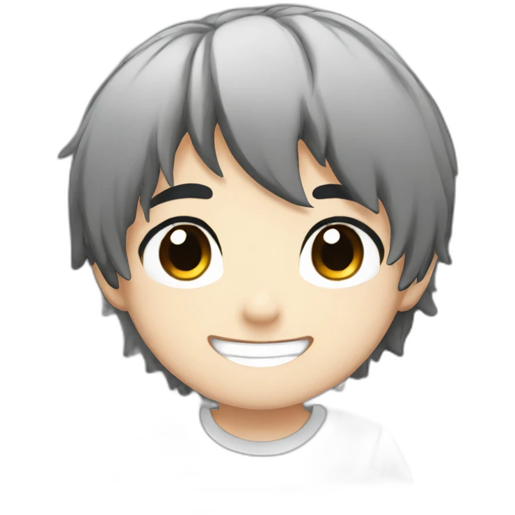 anime boy cartoon smiling with black hair, black and white t shirt, and black eyes emoji