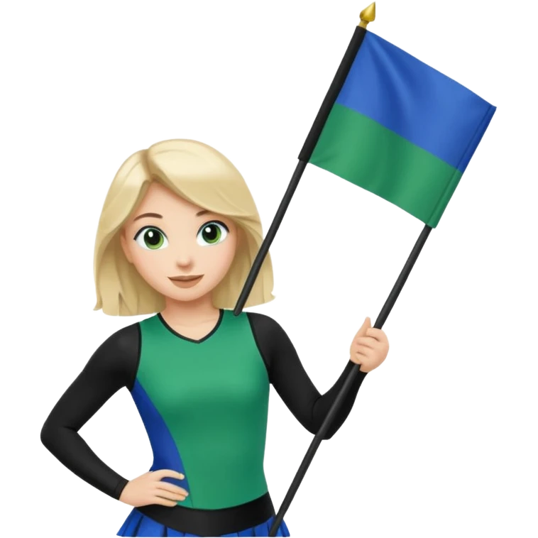 emoji style colorguard girl waving a green and blue flag, wearing black leggings and a green and blue top, lively and athletic emoji
