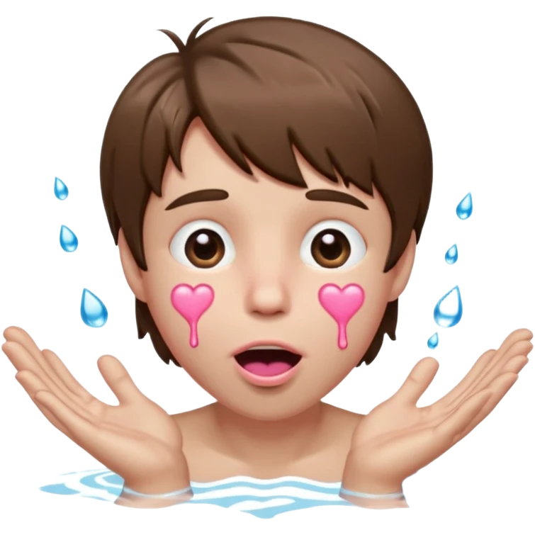 Pale Boy with shaggy brown hair, pink heart shaped eyes looking up , mouth open , water drop dripping from lips, hands on face  emoji