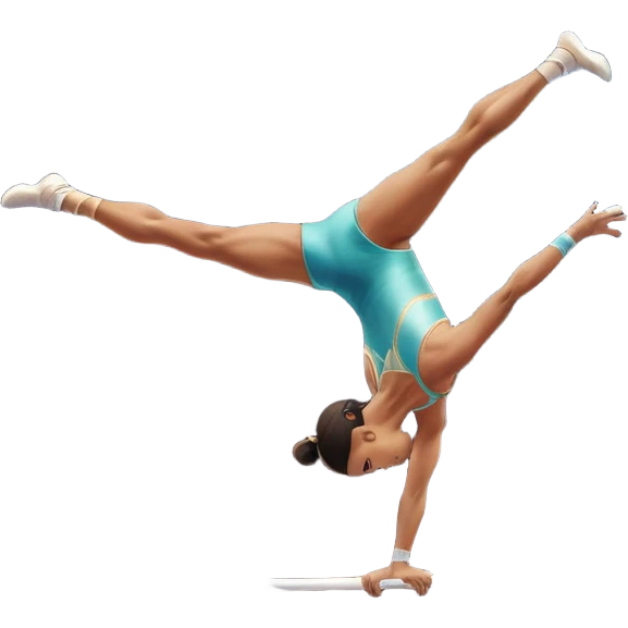 Professional gymnast performing a complex routine on parallel bars, demonstrating strength, control, and perfect balance. The gymnast is mid-air, executing a powerful move with focused concentration. The background shows a brightly lit gymnasium with a cheering audience. emoji