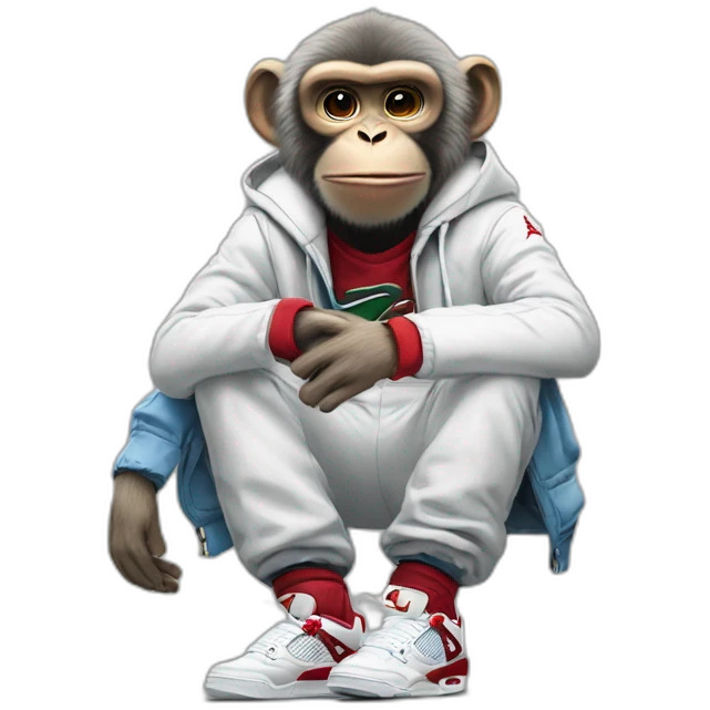 Monkey wearing Jordan 4 on its  feet with a bunch of Nike clothes emoji