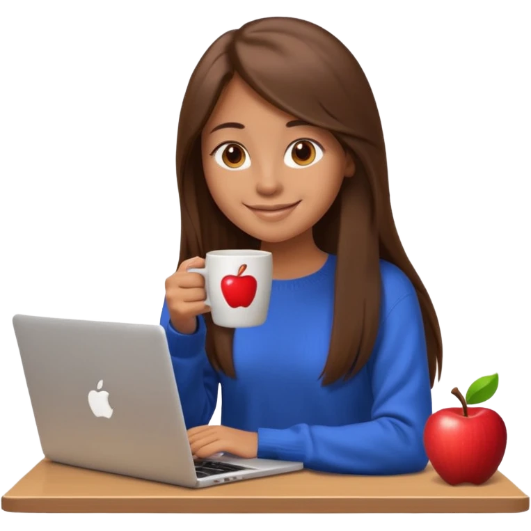 young woman, 20 years old, long straight brown hair, wearing a sweater, drinking coffee and working on a laptop, smiling, 3D Apple emoji style emoji