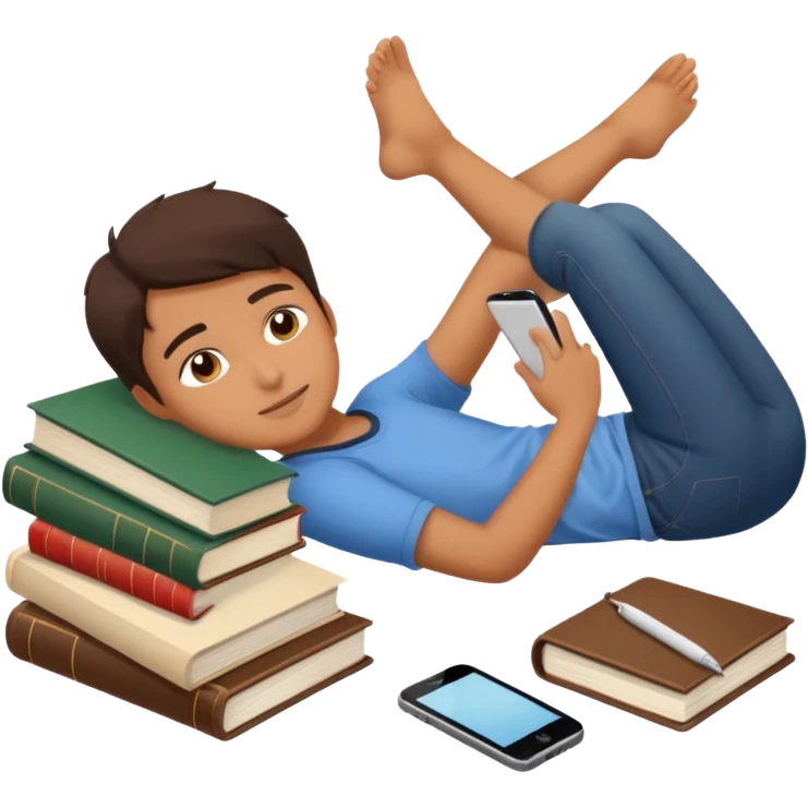 emoji student lying with phone instead of studying, lazy, books, white background, emoji