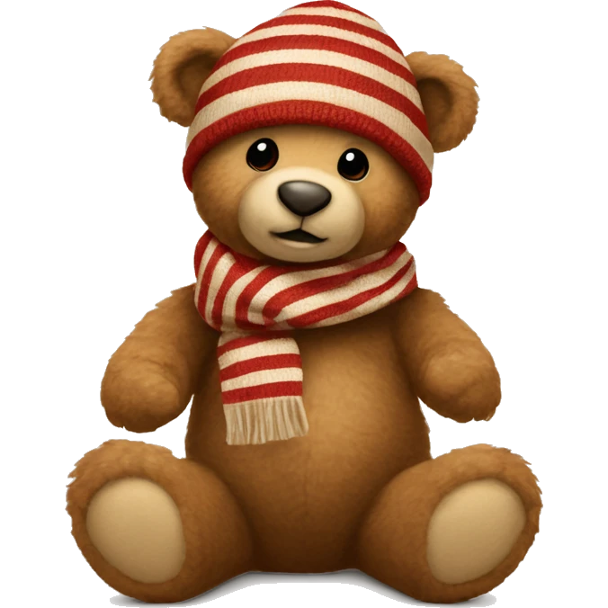 🧸full body teddy bear sitting down with a beige and red striped scarf on with a red beanie on that has a puff. emoji