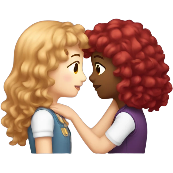 Two girls kissing eachother but one its a bronw with red purplish hair and bang and the other is white white curly light brown hair emoji