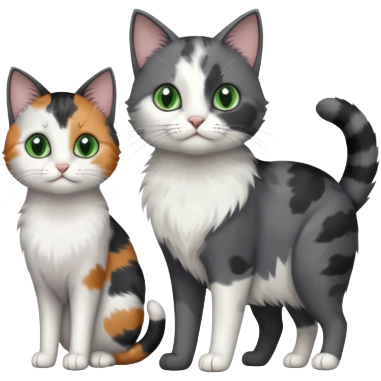 3 different coloured small cats including a dark grey and white, and a patchy calico and a completely solid dark grey with green eyes and only white paws emoji