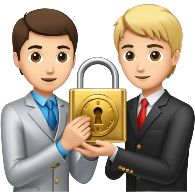 Two people exchanging cryptocurrency with a secure lock in the middle representing escrow emoji