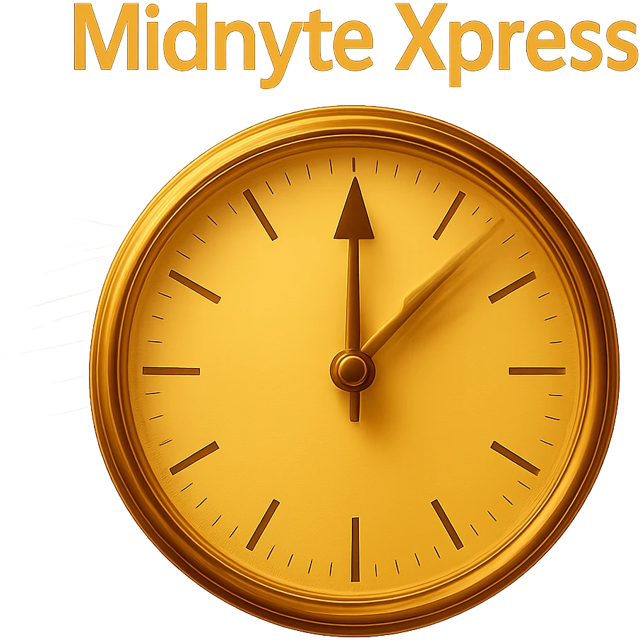 Add a sense of motion to the clock hands with motion blur or dynamic lines, while keeping the glowing effect and realistic style. The text 'Midnyte Xpress' should remain above. Maintain a transparent background. emoji