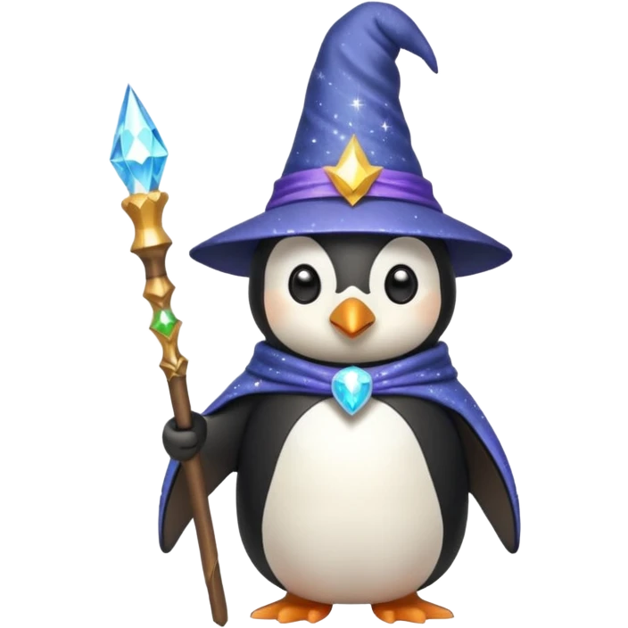 penguin wizard holding a staff wearing a pointed hat magical sparkles emoji