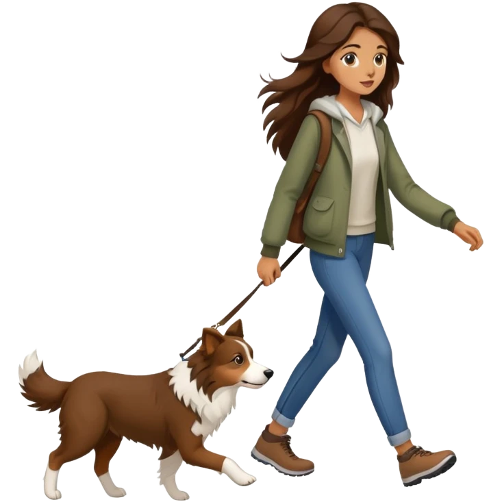 A beautiful girl with long brown hair walks a Border Collie emoji