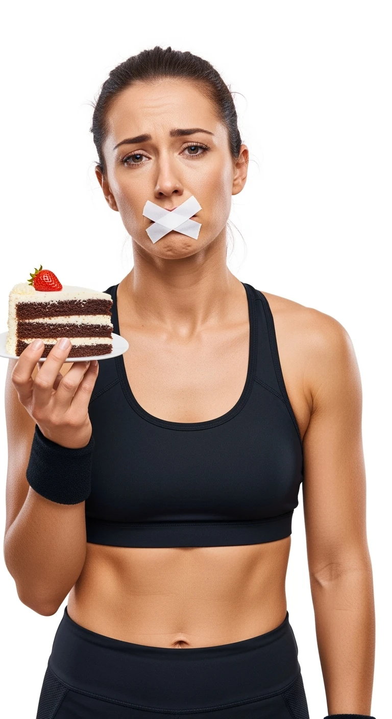 donna fitness con una fetta di torta in mano ed espressione molto triste e stanca, scotch a croce sulla bocca, sfondo bianco emoji