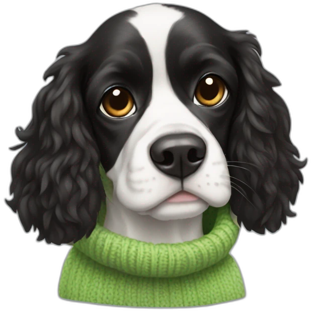 Black and white spaniel in frog sweater emoji