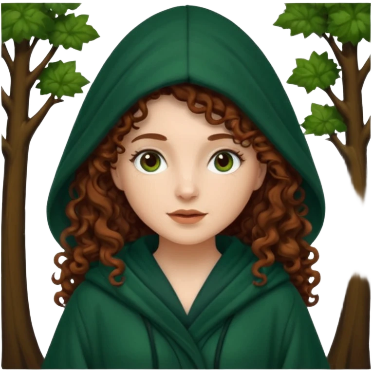 A white woman, a little thicker, with long dark auburn hair robed and hooded like she's a Traitor in the tv show The Traitors. her hair is mostly curly (kinda frizzy, not clean curls) and the robe is a dark dark forest green green emoji