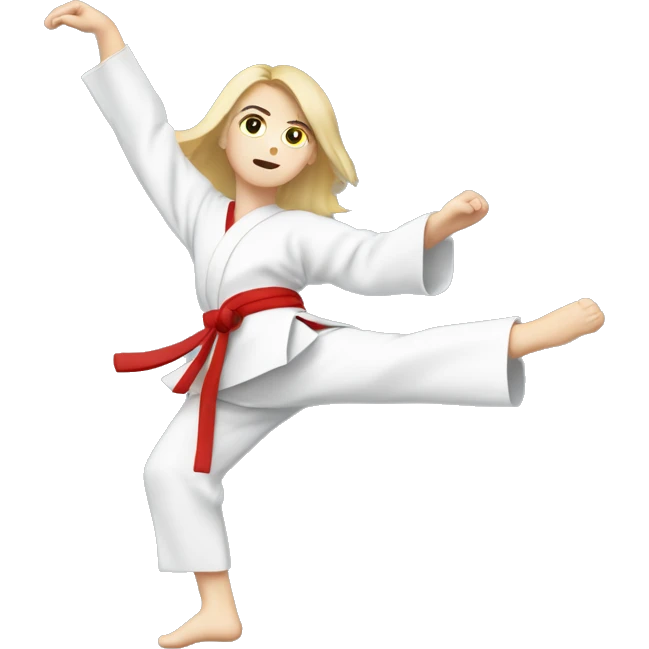 white girl doing  taekwono kick to the sky wearing red belt emoji