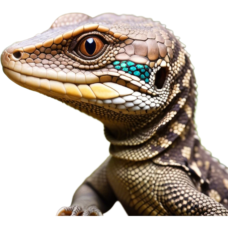 Cinematic Cute brown camo spotted monitor Lizard Portrait Emoji, Head tilted playfully and inquisitively, with a sleek, patterned body accented by vibrant hues and round, sparkling eyes full of wonder, Simplified yet irresistibly adorable features, highly detailed, glowing with a warm, friendly glow, high shine, affectionate and lively, stylized with a touch of exotic charm, bright and endearing, soft glowing outline, capturing the essence of a mischievous yet captivating lizard that seems as if it could scuttle out of the screen into your arms! emoji