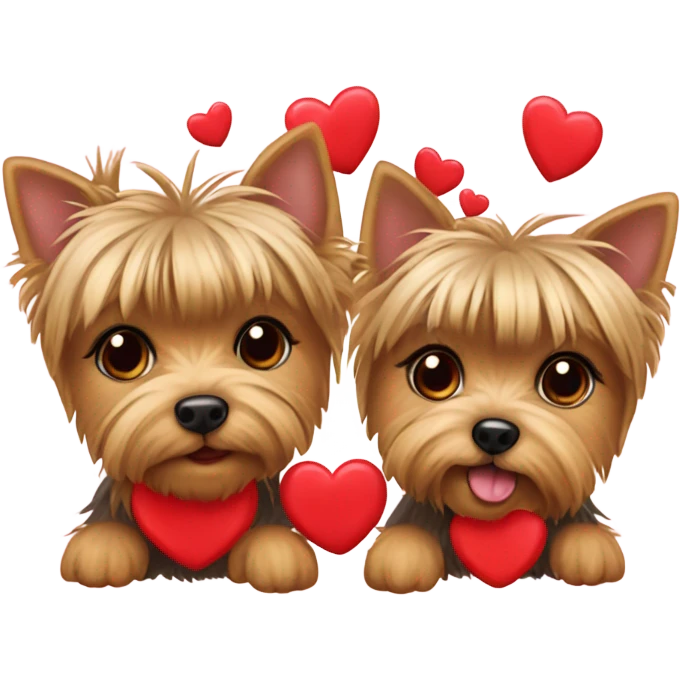 Boy and girl Yorkshire terriers holding hearts emoji