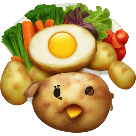 Potatoes with vegetables and grilled chicken on a plate emoji