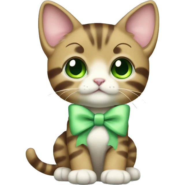 extremely cute kawaii brown tabby kitten with green eyes and pastel green bow full body emoji