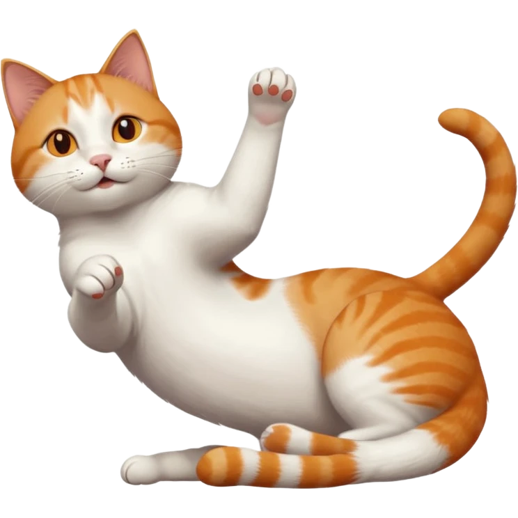 ginger and white cat with orange eyes doing a big extremely long stretch reaching up into the air with arms and legs side by side together straight and overextended whilst lying on its side emoji